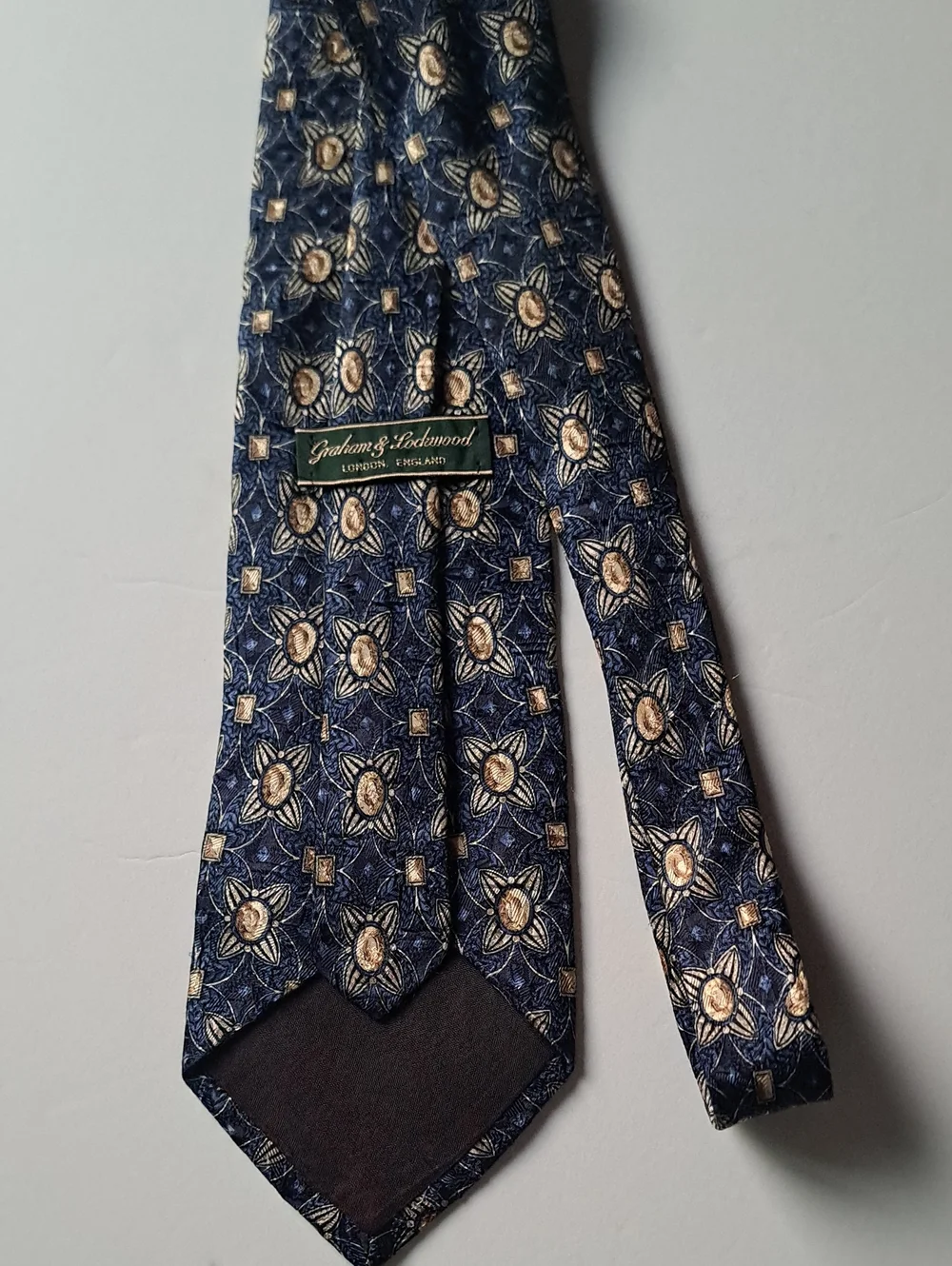 graham & Lodawood London ENGLAND Men's Navy Geometric Silk Tie with Gold